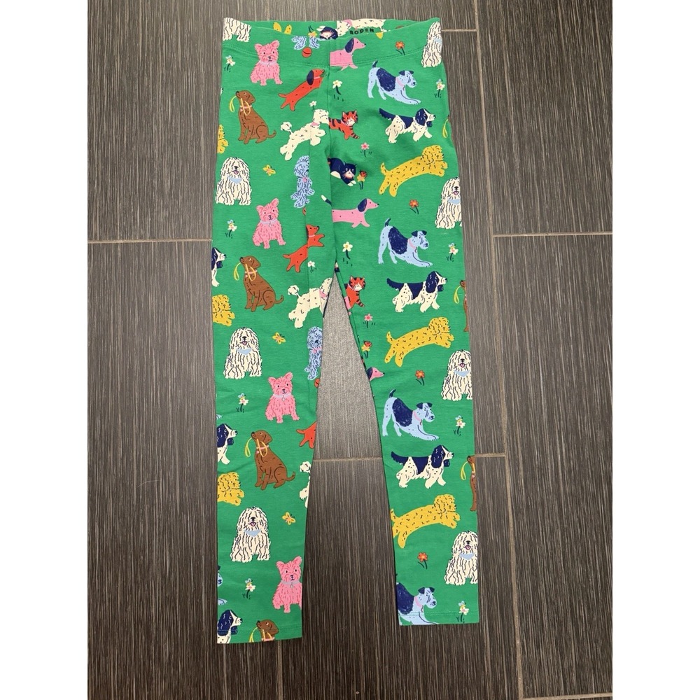 Mini Boden Girls Green Cat Dog Leggings Size 11-12 Years Whimsy Colorful Play